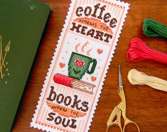 Marque-page café livresques, motif point de croix (téléchargement PDF)