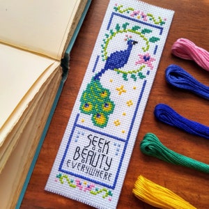 Seek Beauty Peacock Bookmark Cross Stitch Pattern - Instant Download PDF - Art Nouveau Gift