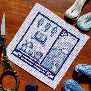 Patrón de punto de cruz para posavasos de la casa de té Blue Willow, gráfico en formato PDF de descarga instantánea