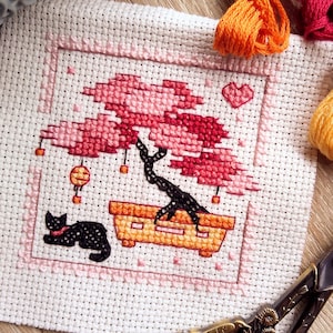 Sakura Kitty Untersetzer Kreuzstichmuster - Sofortiger Download PDF - Geschenk für Katzenliebhaber