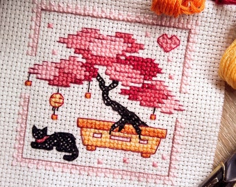 Sakura Bonsai Kitty Cross Stitch Pattern PDF Download
