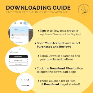 May include: A yellow instructional graphic titled DOWNLOADING GUIDE FIND YOUR PATTENS IN YOUR ETSY ACOUNT with a Yellow Birdie Stitches logo. It features five numbered steps for downloading digital files from an Etsy account via a web browser.