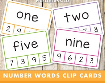 Number Words Clip Cards - Preschool Learning, Kindergarten, Kids, Children Peg Cards, Clip Cards, Educational Printable - Instant Download!