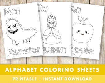 Alphabet Coloring Sheets - Preschool, Toddler, Daycare, Letters, Colouring In, Colors, Learning, Kids Printable, Child - Instant Download!