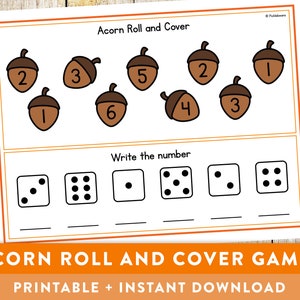 Acorn Autumn Fall Roll and Cover Game - Mathematics, 1st grade, Kindergarten, Dice Games, Maths, Educational Printable - Instant Download!