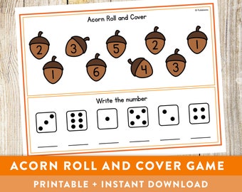 Acorn Autumn Fall Roll and Cover Game - Mathematics, 1st grade, Kindergarten, Dice Games, Maths, Educational Printable - Instant Download!