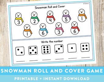 Winter Snowman Roll and Cover Game – Math Printable (Instant Download)