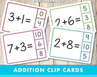 Addition Clip Cards - Mathematics, 1st grade, Kindergarten, Kids, Children Peg Cards, Clip Cards, Educational Printable - Instant Download!