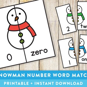 Snowman Number Word Match - Preschool, Toddler, Pre-K, Maths, Children, Numeracy Game, TPT, Educational Printable - Instant Download!