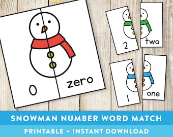 Snowman Number Word Match - Preschool, Toddler, Pre-K, Maths, Children, Numeracy Game, TPT, Educational Printable - Instant Download!