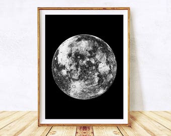 La Luna, Moon Phase Print, Moon Posters, Moon Wall Decor, Planet Wall Decor, Printable Moon, Black Moon Art, Space Art, Instant Download