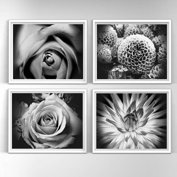 Set of 4 Printables, Set of 4 Prints Black and White, 4 Piece Wall Art, Set of Black White Prints, Set of Flowers Prints, Instant Download