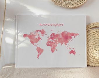 Pink World Map Wall Art, Printable Watercolor Poster, Wanderlust Room Decor for Teen Girls, Travel poster, Girl Room Decor Digital Download