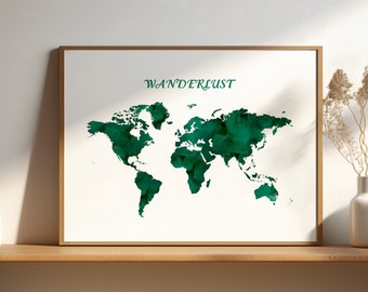 Dark Green World Map Wall Art, Digital Prints, Travel poster, Emerald Green World Map Poster, Digital Download, Wanderlust Watercolor Print