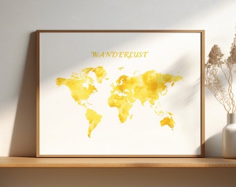 Yellow World Map Print, Printable Wall Art, Gold Watercolor World Map Wall Art, Wanderlust Gift, Digital Download, Digital Prints Modern Art