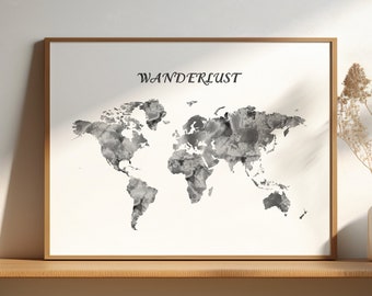 Wanderlust wall art, world map poster, Black and White Prints, world map print, printable world map, Wanderlust artwork, world map art