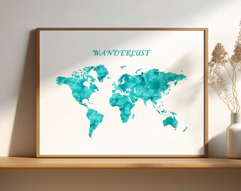 Printable world map, Teal world map, Wanderlust Turquoise Watercolor World Map, World Map Wall Art, Blue World Map Print, Digital Download