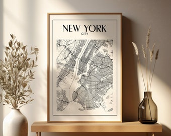 New York Map Print, Map of New York, NYC Wall Decor, City Art, New York Poster, Printable Art, Black and White Map for Instant Download