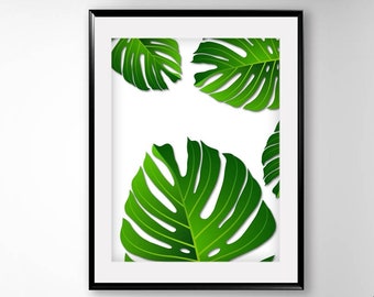 Palm tree wall art, Monstera Leaf Print, Digital Download, Botanical Printable Wall Art, Green Leaves wall decor