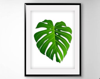 Monstera Leaf Print for Digital Download, Printable Wall Art, Tropical Palm Leaf Wall Decor, Greenery Botanical Downloadable Print