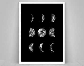 Maanfase print, maanmuurkunst, maanfasen, afdrukbare muurkunst, digitale download, zwart-wit Scandinavische Galaxy print