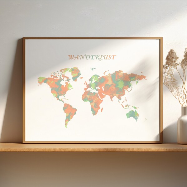 Wanderlust Watercolor World Map, Digital prints, Printable Travel Poster, World Map Wall Art Print, Wall Art, Prints for Instant Download
