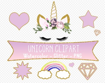 Unicorn Face Clipart, Watercolor Unicorn Head Clipart, Purple and Gold Glitter Clip Art, Unicorn crown PNG, Digital Download, Commercial Use