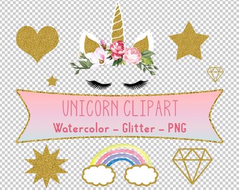 Unicorn clip art, Unicorn Png, Unicorn Face Image, Watercolor Gold Unicorn Party Clip Art, Glitter Clipart, Digital Download, Commercial Use