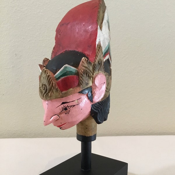 Vintage Indonesian Wayang Golek Puppet Head Mounted on Museum-Style Base - late 1800's - Java, Indonesia