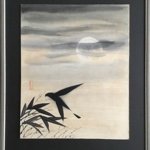 Charming Japanese Sumi-e Ink Wash Painting of the evening sky with Full Moon, Bird, and Bamboo, circa 1970