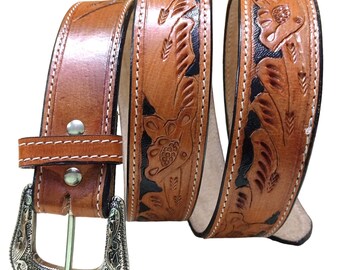 New Western Tooled Eco Leather Belt Hand Carved Floral Belt For Unisex