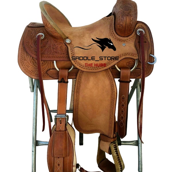 Western Brown Rough Out Leather Hand carved Roper Ranch Saddle 13" to 18" Inch With Head Stall & Breast Collar Free