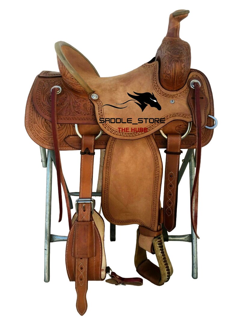 Western Brown Rough Out Leather Hand carved Roper Ranch Saddle 13 to 18 Inch With Head Stall & Breast Collar Free image 1