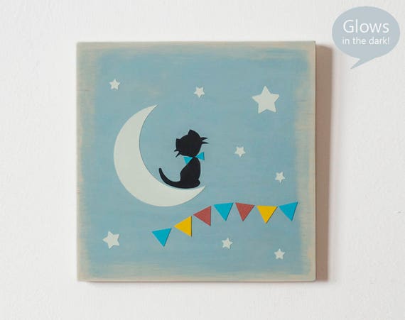 Nacht Himmel Kinder Holz Wandkunst Kinderzimmer Dekor Katze Etsy