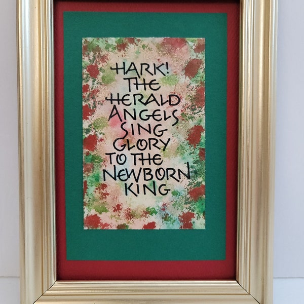 Hark the Herald Angels Sing, Newborn King, Christmas Hymn, hand-lettered calligraphy, artwork print, hand-painted framed Christmas Decor