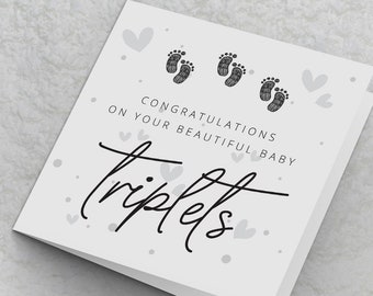 New Baby Triplets Card - Congratulations on your beautiful baby triplets - Newborn triplets Card Congratulations Cards Baby footprints Card