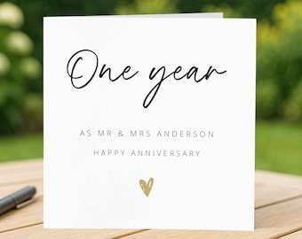 1st Wedding Anniversary Card, One Year As Mr & Mrs Personalised Anniversary Card, Custom Card, Add Surname, Married Couple Husband And Wife