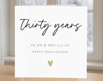 30th Wedding Anniversary Card, Thirty Years As Mr & Mrs Personalised Anniversary Card, Custom Card Add Surname Married Couple Husband Wife