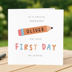 Grandson First Day of School Card, Personalised Good Luck Card, Custom Name Cards, 1st Day at Primary School Card New Starter, For Boy