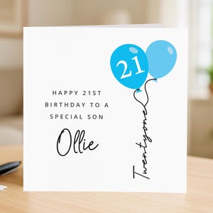 Personalised Son 21st Birthday Card, Customised Name Birthday Cards, Happy 21st Birthday, Twenty One, blue balloon card, Custom card for Son