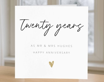 20th Wedding Anniversary Card, Twenty Years As Mr & Mrs Personalised Anniversary Card, Custom Card Add Surname Married Couple Husband Wife
