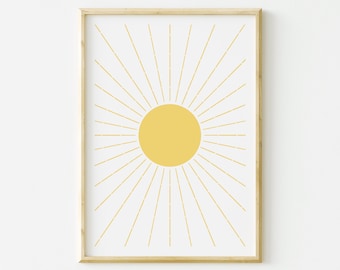 Digital download Sun art print. Sun rays art print. Boho art prints. Cute Wall Decor. Sunshine art. Sun rays art.