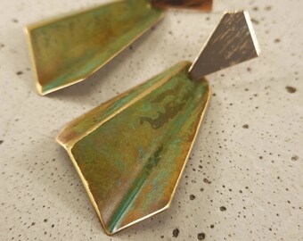 Origami earrings, oxidized brass, brass studs gold plated