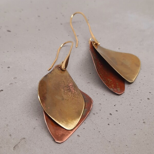 Petal earrings, oxidized copper and brass, stainless steel hoops gold plated