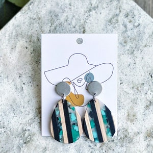 Teardrop Stripe Dangle Earrings | Green Confetti | Wood and Resin Earrings | Hypoallergenic