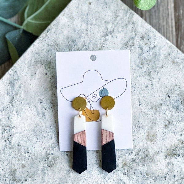 Color Block Long Dangle Earrings | Wood and Resin Earrings | Black and White Earrings | Hypoallergenic