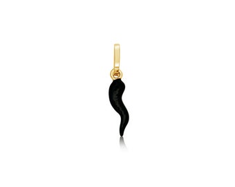 May include: A gold charm in the shape of a black horn. The horn is a traditional Italian good luck charm.