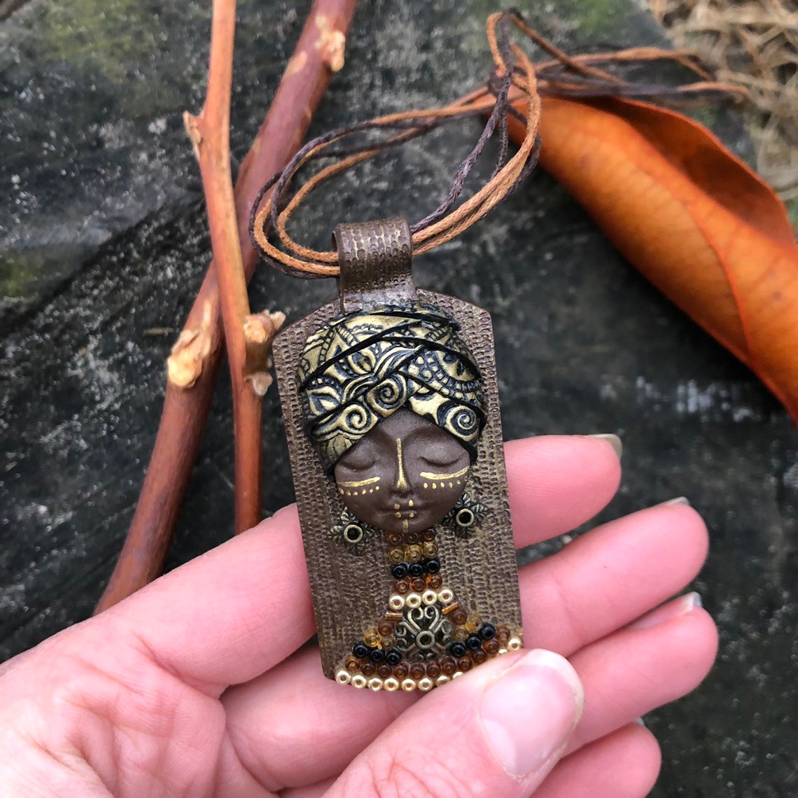 African polymer clay woman pendant. Golden boho jewelry Etsy