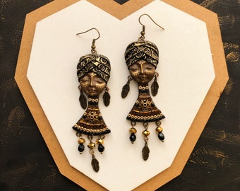 Big African face earrings polymer clay. Golden bohemian earrings. Goddess face jewelry,Long statement earrings,Personalized  gift