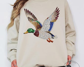 Faux Rhinestone Mallard Duck Adult Gildan Unisex Crewneck Sweatshirt * Duck Hunting Sweatshirt * Blinged Mallard Duck (AS767)